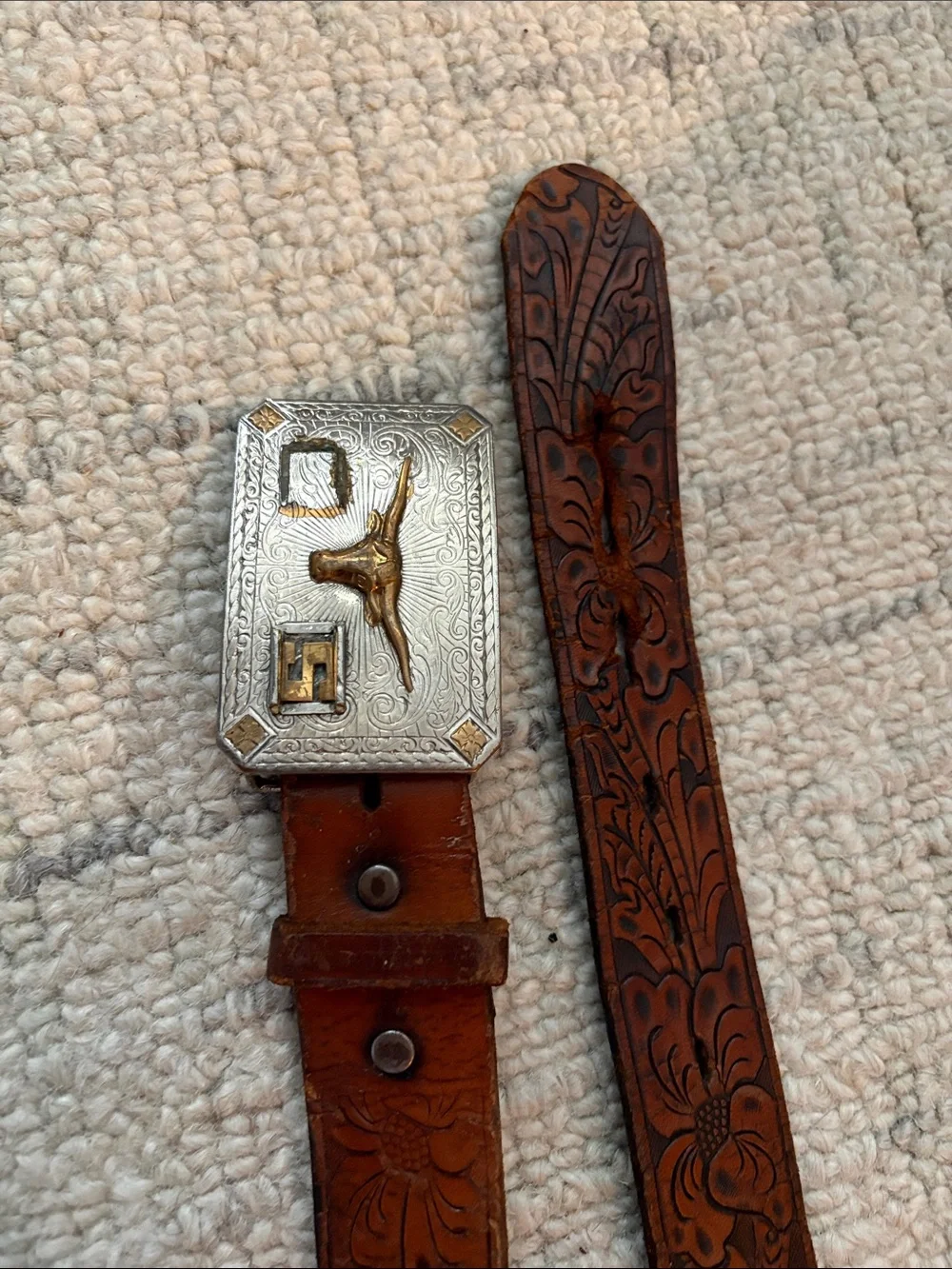 Vintage Brown Tooled Leather Belt with Decorative Metal bull Buckle